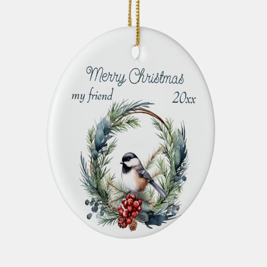 Kerstmis Custom Vriend Chickadee Vogelkrans Keramisch Ornament (Rechts)
