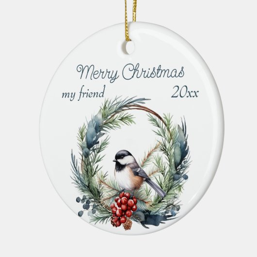 Kerstmis Custom Vriend Chickadee Vogelkrans Keramisch Ornament (Links)