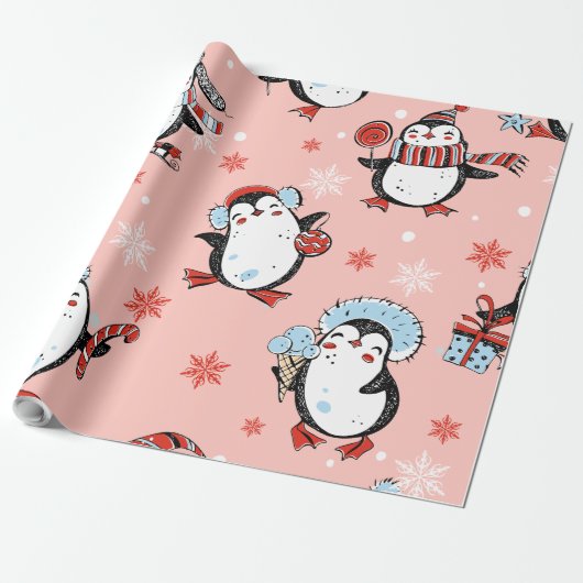 Kerstmis - Cute Penguins Cadeaupapier (Uitgerold)