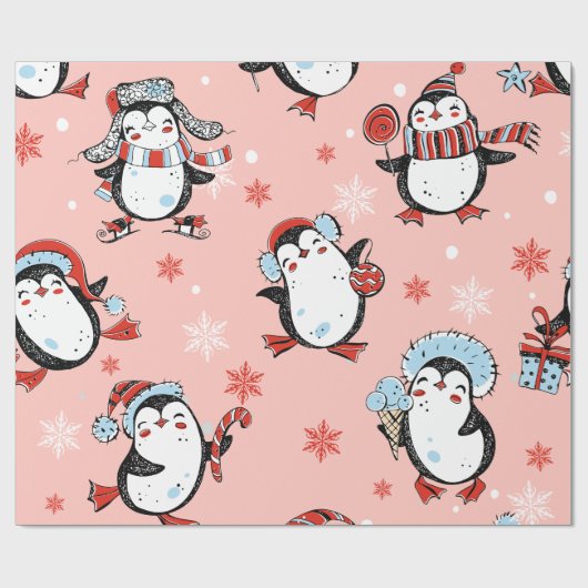 Kerstmis - Cute Penguins Cadeaupapier (Vlak)
