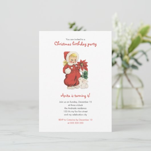 Kerstmis: Cute Retro Girl Red Poinsettia Kaart (Staand voorkant)