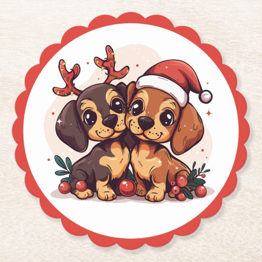 Kerstmis Dachshond Honden Kartonnen Onderzetters (Voorkant)