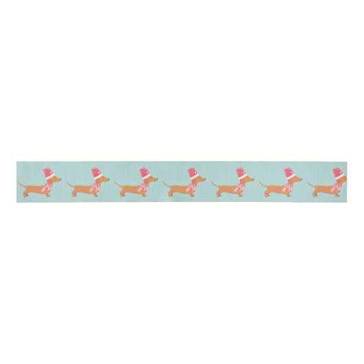 Kerstmis Dachshund Hond Blauw Grosgrain Lint (Voorkant)