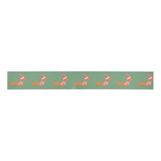 Kerstmis Dachshund Hond Groen Grosgrain Lint (Voorkant)