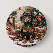 Kerstmis Dachshund Honden Elf Ronde Button 7,6 Cm (Voorkant)