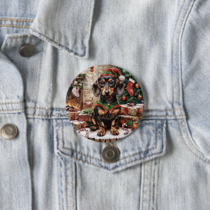 Kerstmis Dachshund Honden Elf Ronde Button 7,6 Cm