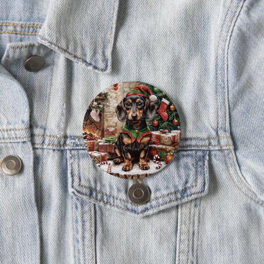 Kerstmis Dachshund Honden Elf Ronde Button 7,6 Cm (In situ)