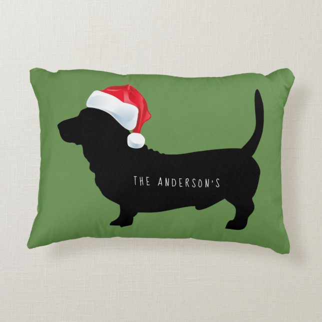Kerstmis Dachshund Kerstmannenhoed Naam Accent Kussen (Achterkant)