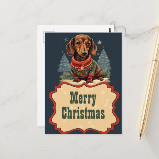 Kerstmis Dachshund Schilderen Briefkaart (Voorkant / Achterkant in situ)