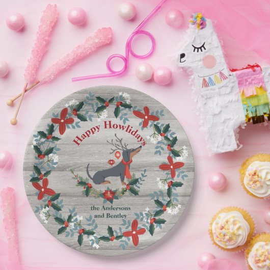 Kerstmis    DachshundDog Antlers Rustic Greenery Papieren Bordje (Feest)