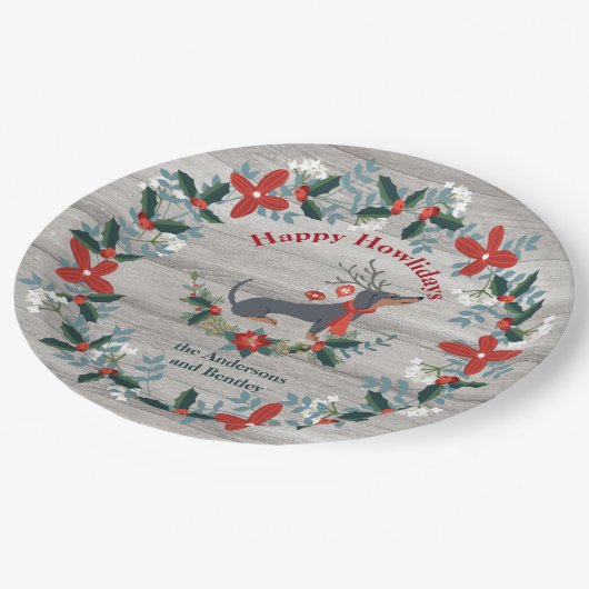 Kerstmis DachshundDog Antlers Rustic Greenery Papieren Bordje (Gekanteld)