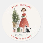 Kerstmis Damesfiguur met Kat Persoonlijk Ronde Sticker (Voorkant)