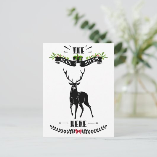 Kerstmis De bok stopt hier herten Feestdagenkaart (Staand voorkant)