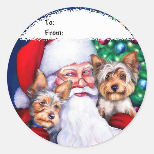 Kerstmis, de Yorkies van de kerstman Ronde Sticker (Voorkant)