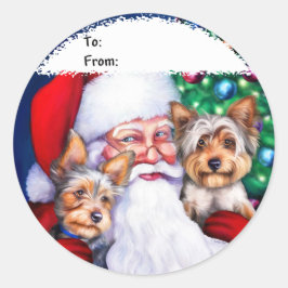 Kerstmis, de Yorkies van de kerstman Ronde Sticker