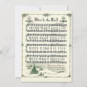 Kerstmis, Deck the Hall Vintage Bladmuziek Feestdagenkaart