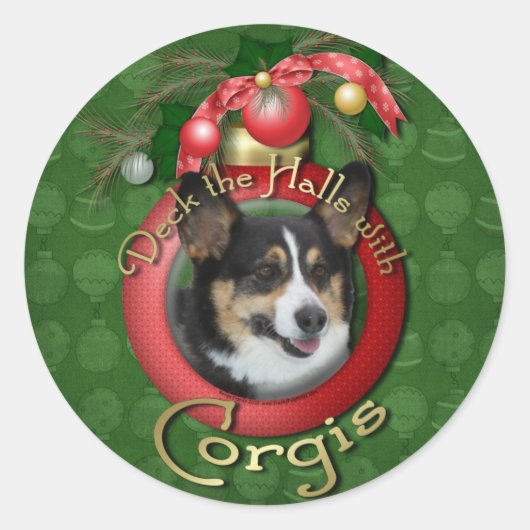 Kerstmis - Deck the Halls - Corgis Ronde Sticker (Voorkant)