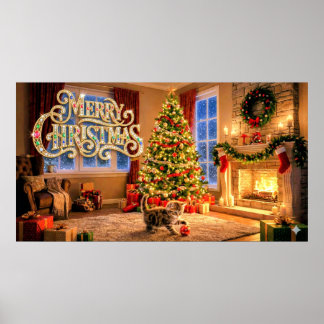 Kerstmis decoratieve kunst met kitten #2 poster