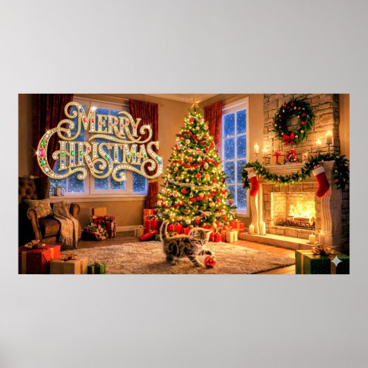 Kerstmis decoratieve kunst met kitten #2 poster (Voorkant)