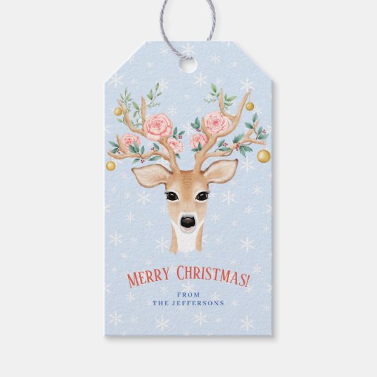 Kerstmis Deer Holly Floral Antler Waterverf Snow Cadeaulabel (Voorkant)