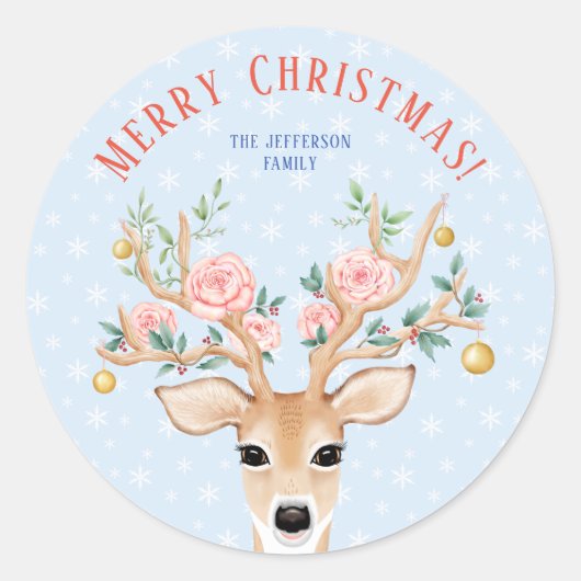 Kerstmis Deer Holly Floral Antler Waterverf Snow Ronde Sticker (Voorkant)