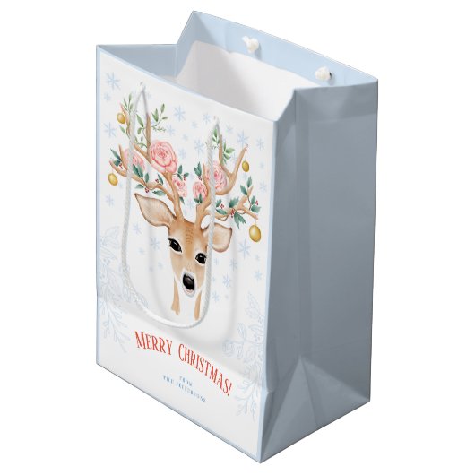 Kerstmis Deer Holly Rozen Snowflakes Medium Cadeauzakje (Voorkant Gekanteld)