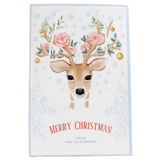 Kerstmis Deer Holly Rozen Snowflakes Medium Cadeauzakje (Voorkant)