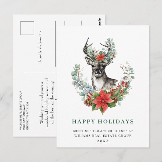 Kerstmis Deer Poinsettia Briefkaart (Voorkant / Achterkant)