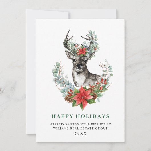 Kerstmis Deer Poinsettia Corporate Greeting Feestdagenkaart (Voorkant)