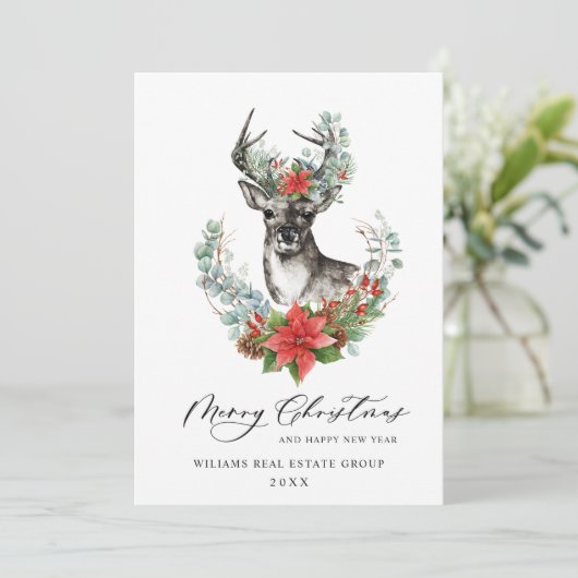 Kerstmis Deer Poinsettia Corporate Greeting Feestdagenkaart (Staand voorkant)