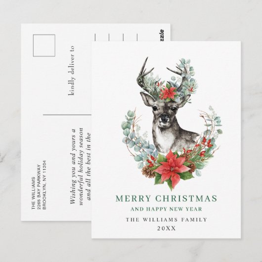 Kerstmis Deer Poinsettia Greeting Holiday Briefkaart (Voorkant / Achterkant)