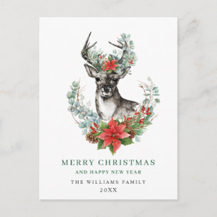 Kerstmis Deer Poinsettia Greeting Holiday Briefkaart