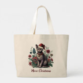 Kerstmis Devon Rex Kat: Santa Hoed en Bloemen Grote Tote Bag (Achterkant)