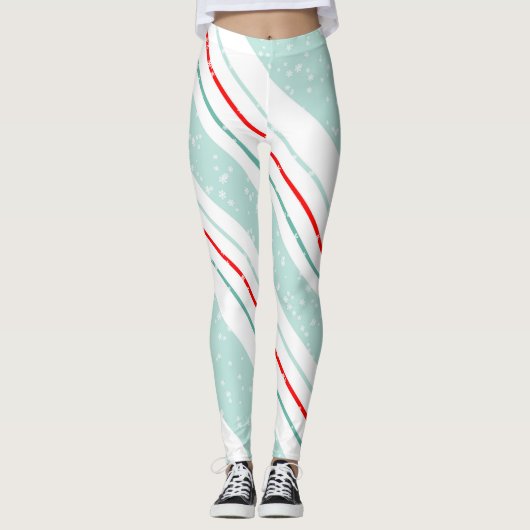 Kerstmis Diagonale Strepen Mint Groen ID440 Leggings (Voorkant)