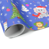 Kerstmis Dierentuin Dieren In Hemelsblauw Cadeaupapier (Rol Hoek)