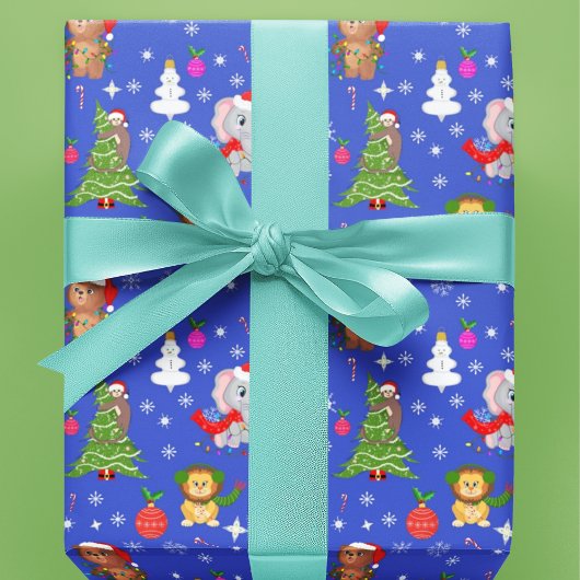 Kerstmis Dierentuin Dieren In Hemelsblauw Cadeaupapier