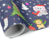 Kerstmis Dierentuin Dieren In Marineblauw Cadeaupapier (Rol Hoek)