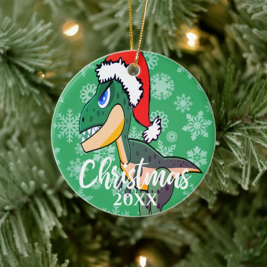 Kerstmis Dinosaur Cute Photo Green Kinderen Keramisch Ornament (Boom)