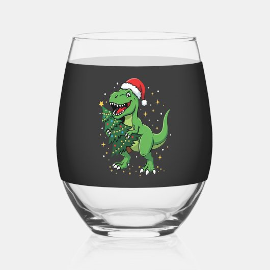 Kerstmis Dinosaur Santa T Rex Wijnglas Zonder Voet (Voorkant)