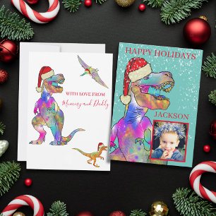Kerstmis Dinosaur T-Rex Kerstman Kinderen Foto Feestdagenkaart