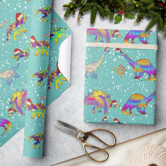 Kerstmis Dinosauriërs in Kerstmannen Mutsen Cadeaupapier