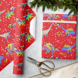 Kerstmis Dinosauriërs met Kerstmannen Mutsen Patro Cadeaupapier