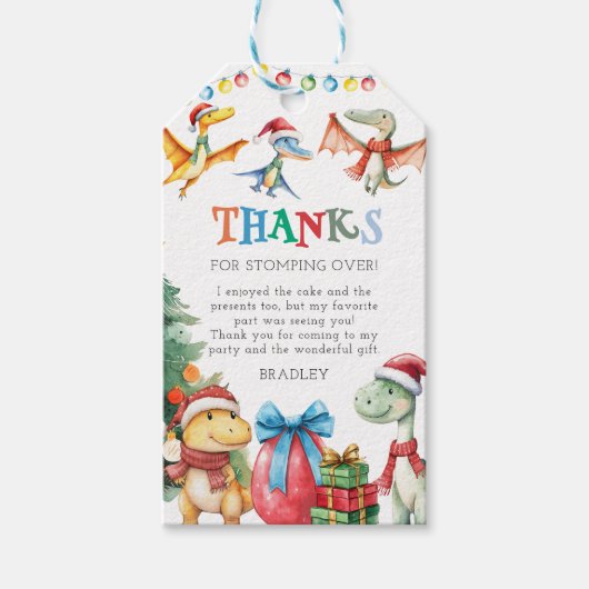 Kerstmis Dinosaurus Bedankt Kaart voor Kinderen Cadeaulabel (Voorkant)