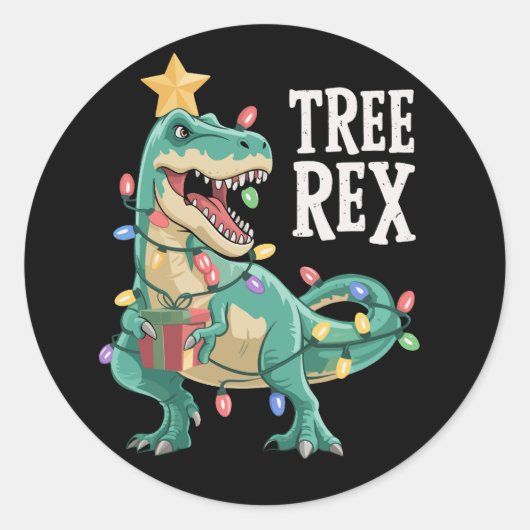 Kerstmis Dinosaurus Boom Rex Pyjama Kerstlichten Ronde Sticker (Voorkant)