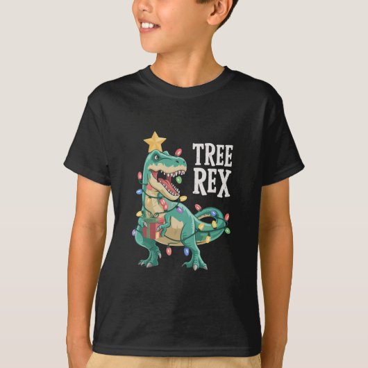 Kerstmis Dinosaurus Boom Rex Pyjama Kerstlichten T-shirt (Voorkant)