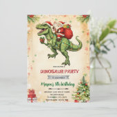 Kerstmis dinosaurus en kerstman uitnodiging (Staand voorkant)