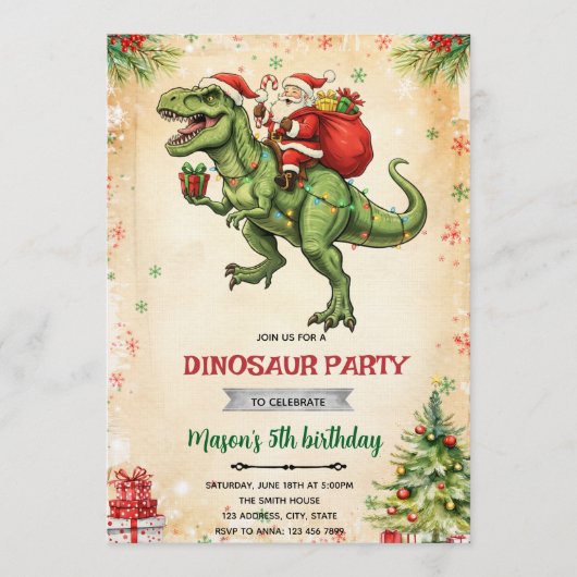 Kerstmis dinosaurus en kerstman uitnodiging (Voorkant)
