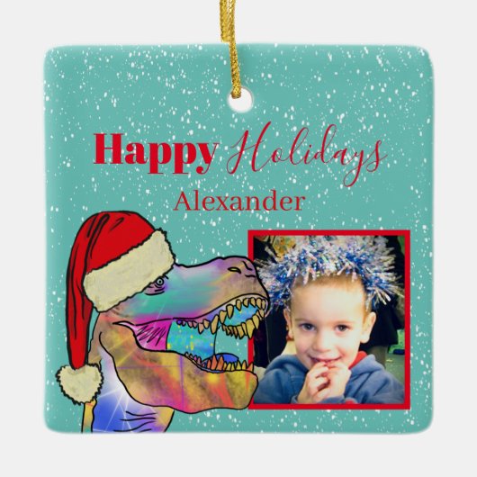 Kerstmis Dinosaurus Foto Keepsake Keramisch Ornament (Voorkant)