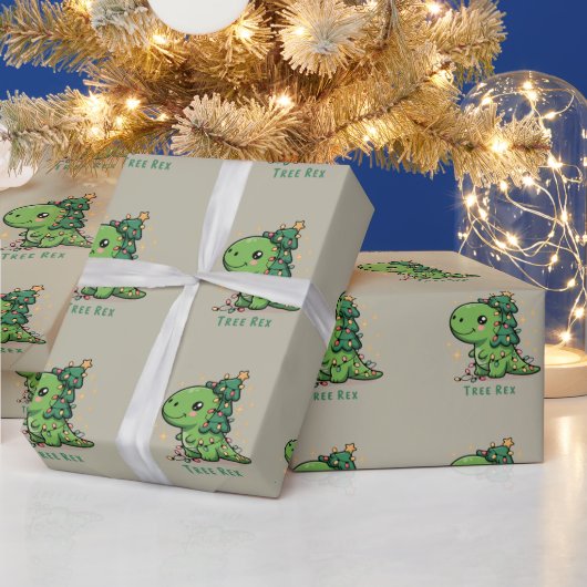Kerstmis Dinosaurus Licht Feest Grappige Boom Rex Cadeaupapier (Feestdagen)
