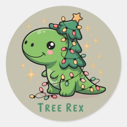 Kerstmis Dinosaurus Licht Feest Grappige Boom Rex  Ronde Sticker (Voorkant)